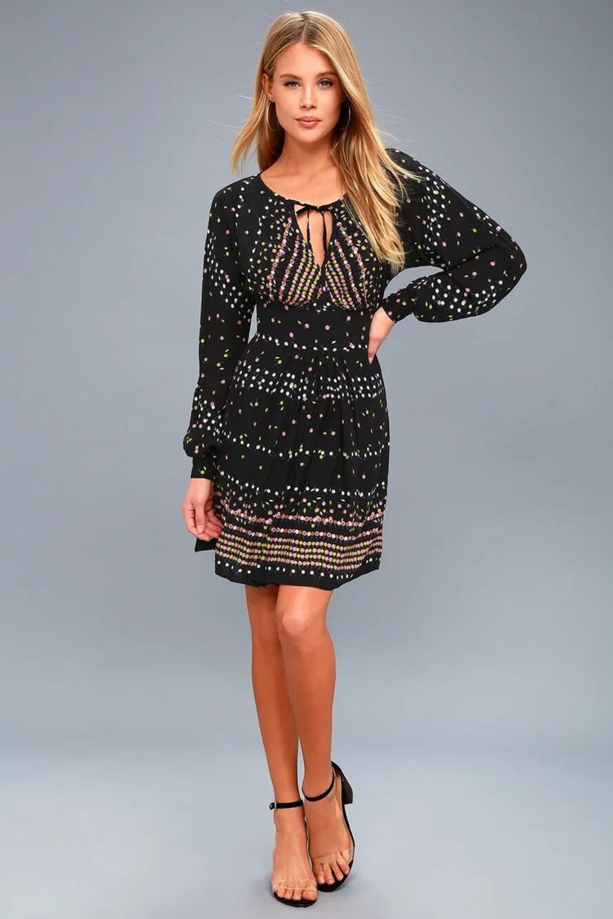 Free People Coryn Black Print Long Sleeve Open Back Flare Boho Mini Dress 0